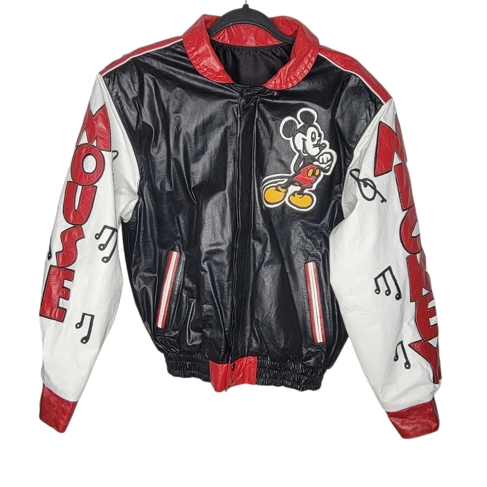Vintage 90s Disney Mickey Mouse Rock N Roll Reversible Leather Satin Jacket Sz M - Picture 2 of 8